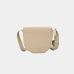 A back view of the half-moon crossbody bag in beige leather, showcasing its smooth, rounded structure. The back of the bag features clean, minimalist detailing, highlighting the high-quality craftsmanship. The adjustable strap connects seamlessly to the body of the bag, maintaining its sleek, functional design.