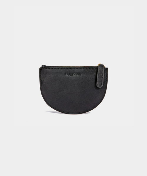 A black Half Moon Coin Purse made of goat leather with a zipper on the top and an embossed MOONSHAFT logo on the front.