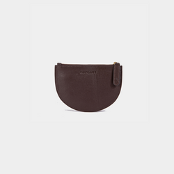 A brown Half Moon Coin Purse made of goat leather with a zipper on the top and an embossed MOONSHAFT logo on the front.