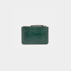The image shows the back view of the dark green leather cardholder with a smooth, textured finish. It has an additional card slot on the exterior, ideal for easy access to frequently used cards. The cardholder also features gold-tone zipper hardware, adding a touch of elegance to its minimalist design.