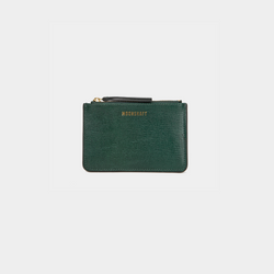 A compact leather cardholder in dark green with a subtle textured finish. The cardholder features a gold zipper on top and the brand's logo "MOONSHAFT" embossed in gold on the front. The design is sleek and minimalist, suitable for carrying essential cards and small items.