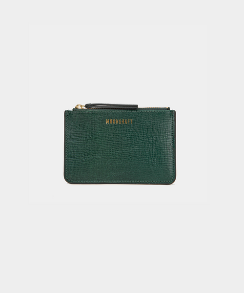 A compact leather cardholder in dark green with a subtle textured finish. The cardholder features a gold zipper on top and the brand's logo "MOONSHAFT" embossed in gold on the front. The design is sleek and minimalist, suitable for carrying essential cards and small items.