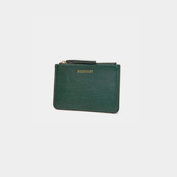 A dark green leather cardholder in a standing position, angled slightly to the right. The cardholder has a textured leather surface, with the MOONSHAFT logo embossed in gold at the top. The zipper closure at the top has gold-tone hardware, and there is a small leather zipper pull for ease of use.