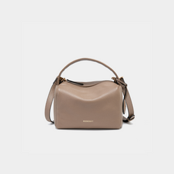 Moonshaft Loaf Bag in taupe pebbled leather with a boxy, structured design, featuring a top handle and detachable shoulder strap, along with the Moonshaft logo embossed in gold on the front.