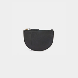The back view of a black Half Moon Coin Purse made of goat leather with a card slot on the back and a top zipper.