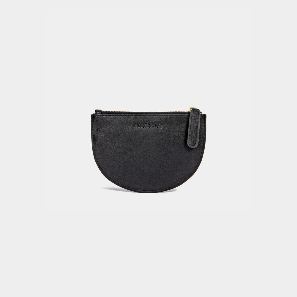 A black Half Moon Coin Purse made of goat leather with a zipper on the top and an embossed MOONSHAFT logo on the front.