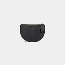 A black Half Moon Coin Purse made of goat leather with a zipper on the top and an embossed MOONSHAFT logo on the front.