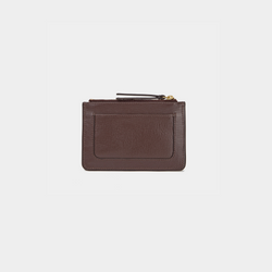 The image shows the back view of the brown leather cardholder with a smooth, textured finish. It has an additional card slot on the exterior, ideal for easy access to frequently used cards. The cardholder also features gold-tone zipper hardware, adding a touch of elegance to its minimalist design.