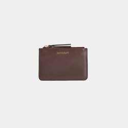 A compact leather cardholder in brown with a subtle textured finish. The cardholder features a gold zipper on top and the brand's logo "MOONSHAFT" embossed in gold on the front. The design is sleek and minimalist, suitable for carrying essential cards and small items.