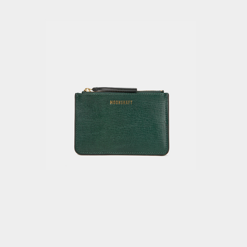 A compact leather cardholder in dark green with a subtle textured finish. The cardholder features a gold zipper on top and the brand's logo "MOONSHAFT" embossed in gold on the front. The design is sleek and minimalist, suitable for carrying essential cards and small items.